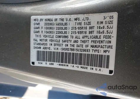 2005 Honda Cr-V Ex z USA, uszkodzony, nr VIN SHSRD78815U329693